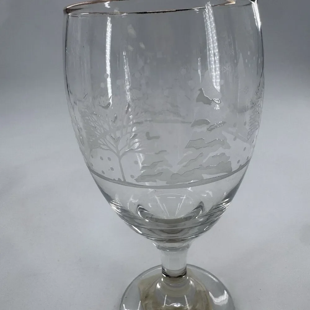 Frosty Pines Libbey Handblown Goblets 7” Winter Wonderland Gold Rim Set of 4 New